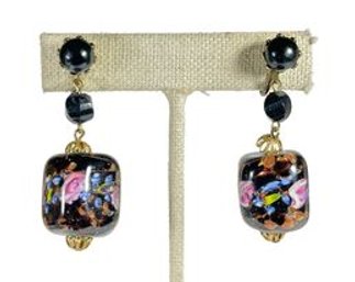 Vintage Venetian Art Glass Screw Back Earrings In Black