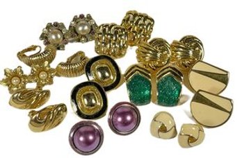 11 Pair Vintage 1980s Gold Tone And Enamel Earrings Ear Clips