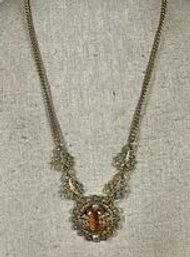 1920s Czech. Gilt Brass And Glass Necklace Amber Glass Stone