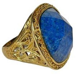 Gold Over Sterling Silver Large Blue Faceted Stone Ladies Ring Size 7