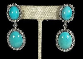 14K Gold Turquoise & Diamond Pierced Earrings