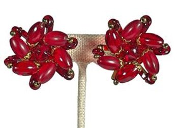 Large Red Glass Stone Rhinestone Floral Form Clip Earrings