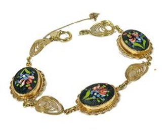 Vintage Gold Filled Black Glass Hand Painted Bracelet