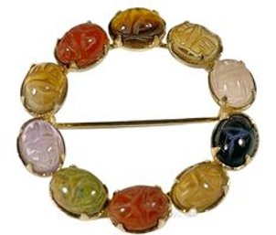 Vintage Gold Tone And Semiprecious Stone Carved Scarab Brooch