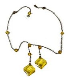 Art Deco Yellow Brass And Glass Drop Pendant Necklace 16'