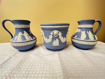 Wedgwood Jasperware, 2 Pitchers And A Flower Pot