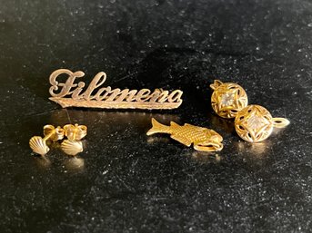 Grouping Of 14k Pendent, Two Pairs Of Earings And Pin.