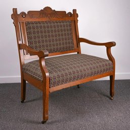 Eastlake Antique Oak Upholstered Bench