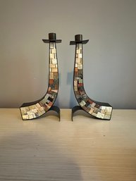 Pair Isreal Mosiax Curved Candle Sticks