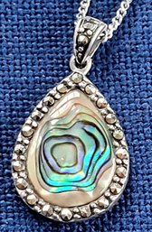 Sterling Silver And Abalone Tear Drop & Marcasite Pendant Necklace