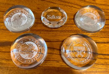 (5) Collegiate Themed Glass Paperweights: Vassar, Harvard And Kellog