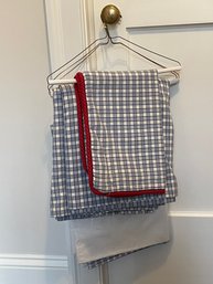 Custom Made Blue/ White Checkered Fabric Bedskirt And Sham With Red Braided Trim - Twin Size