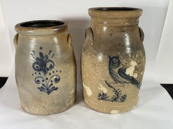 A HARTFORD, CT 3 GALLON BLUE DECORATED CROCK AND AN UNMARKED 3 GALLON BLUE DECORATED CROCK