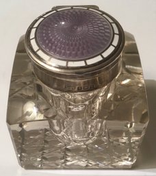 Antique Enamel Top, Sterling Collar Crystal Inkwell