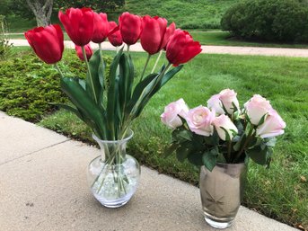 Faux Floral Arrangements - Red Tulips And Pink Roses