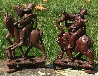 Vintage PR. Wood Carved Mahogany Figurines On Horse & Elephant