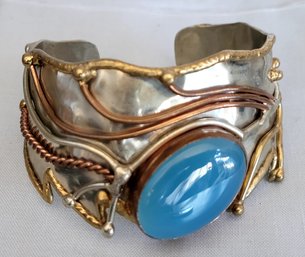 Beautiful Vintage Mixed Metal Silver, Brass, Copper Modernist Cuff Bracelet