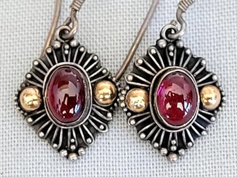 Pretty Sterling Silver With Garnet Cabochon Center Dangling Earrlings