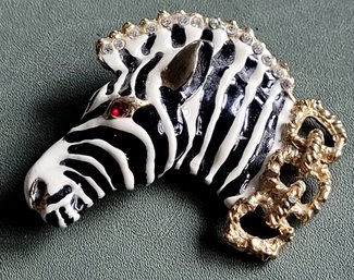 Amazing Vintage Zebra Head Brooch With Enamel And Crystals