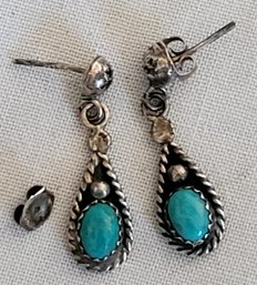 Sterling Silver Southwestern Rope Edge & Turquoise Teardrop Earrings