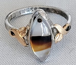 Vintage Navette Agate Sterling Silver & 10K Gold Filled Clark & Coombs Ring