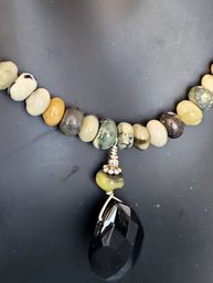 Yellow Turquoise Beads Necklace With Faceted Onyx Penant & Sterling Silver Clasp