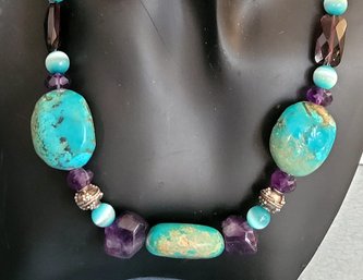 Amazing Turquoise Chunk With Amethyst & Cats Eye Beads And Sterling Silver Clasp Necklace