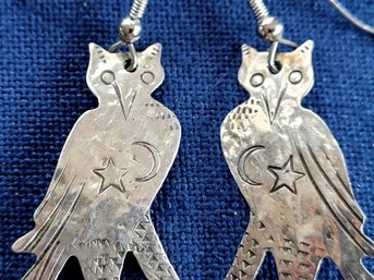 Fabulous Sterling Silver 925 Dangling Owl Earrings With Etched Moon & Stars