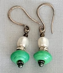 Pretty Sterling Silver Pearl, Crystal & Green Bead Dangling Earrings