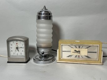 TWO ART DECO CLOCKS AND A MIDCENTURY MODERN LAMP