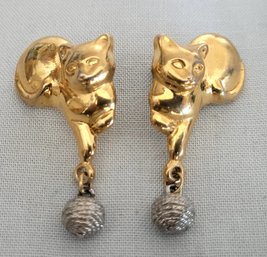 Sweet Gold Tone Cat Earrings With Dangling Silver Ball Of Yarn Detail