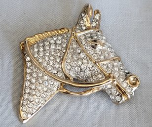 Pretty Gold Tone Pave Rhinestone Horse  Head With Bridle Brooch