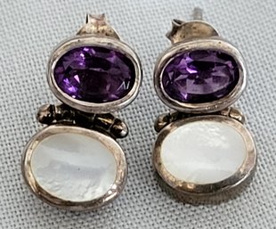 Vintage Sterling Silver Oval Framed Amethyst & Mother Of Pearl Articulated Earrings