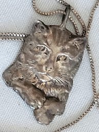 Vintage Sterling Silver 925 Kitty Cat Pendant With Italy Box Chain Necklace