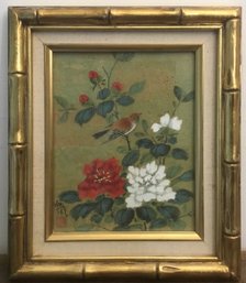 Vintage Japanese Print In Gold Bamboo Style Frame, Bird & Flowers.