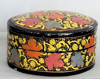 Vintage Kashmir Laquered Yellow And Leaf Motif Trinket Box