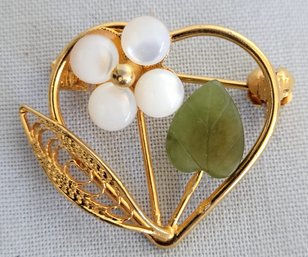 Jade & Mother Of Pearl Gold Tone Vintage Heart & Flower Brooch