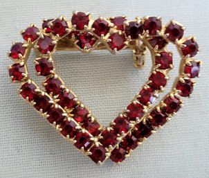 Vintage Gold Tone Intertwined Hearts With Garnets Brooch