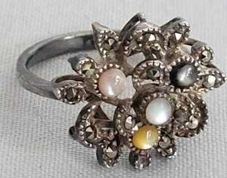 Vintage Sterling Silver & Marcasite 3D Flower Ring With Cats Eye Gems