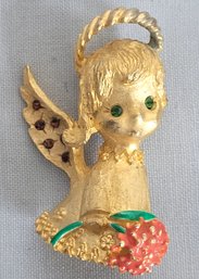 Signed Vintage Mylu Angel Brooch With Rhinestones & Enamel