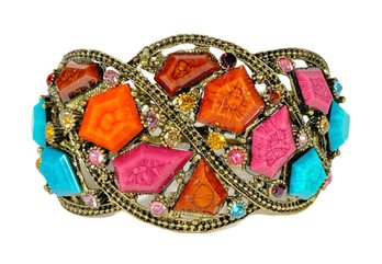 Contemporary Costume Hinged Cuff Bracelet Colored Stones