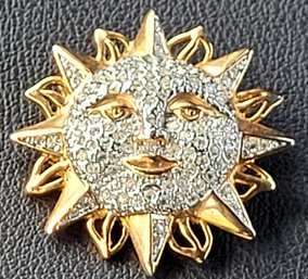 Stunning Sun Face Pave Crystal & Gold Tone Brooch