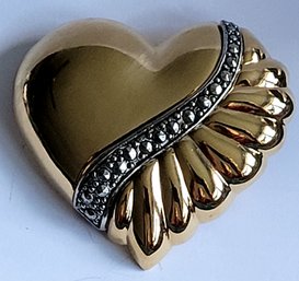 Polished Gold Tone Vintage Puffy Heart With Marcasite Sash Brooch