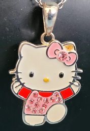 Sterling Silver Hello Kitty Pendant Necklace With Enamel & Crystals