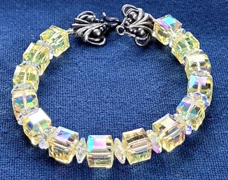 Nice Chunky Lemon Yellow Aurora Borealis Faceted Swarovski Crystal Bracelet Sterling Silver Clasp