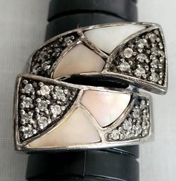 Vintage Sterling Silver  Mother Of Pearl & Pave Bypass Ring