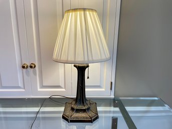 Small Embossed Pillar Style Metal Lamp With Pleated Shade