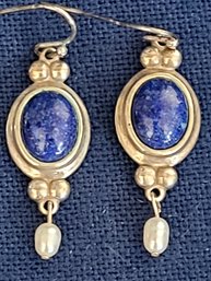 Pretty Dangling Earrings With Lapis Lazuli & Fresh Water Pearl Drop