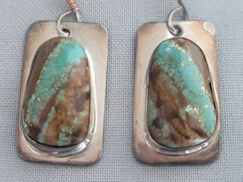 Lovely Vintage Dangling Sterling SIlver Dog Tag Style Earrings With Amazing Turquoise Centers