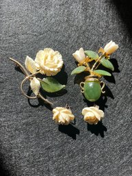 SWOBODA Jade & Coral Brooch Pins And Earrings   Floral